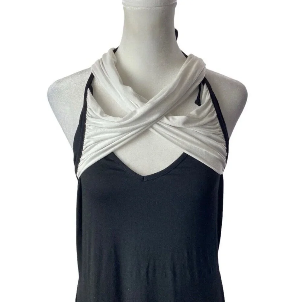 VENUS Women Maxi Dress Size L Black‎ White Halter Wrap Detail Unique 4-8